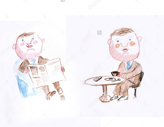 stock-photo-hand-drawing-cartoon-of-two-men-reading-a-paper-and-drinking-a-cup-of-coffee-134152994